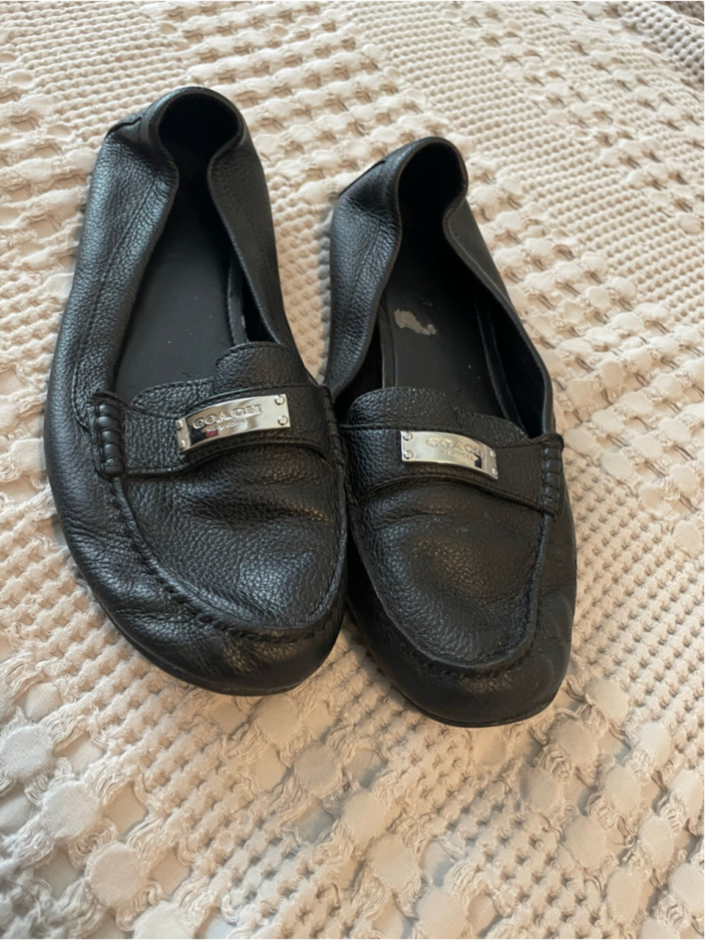 Women's Coach Black Leather Loafer Flats with Silver Hardware